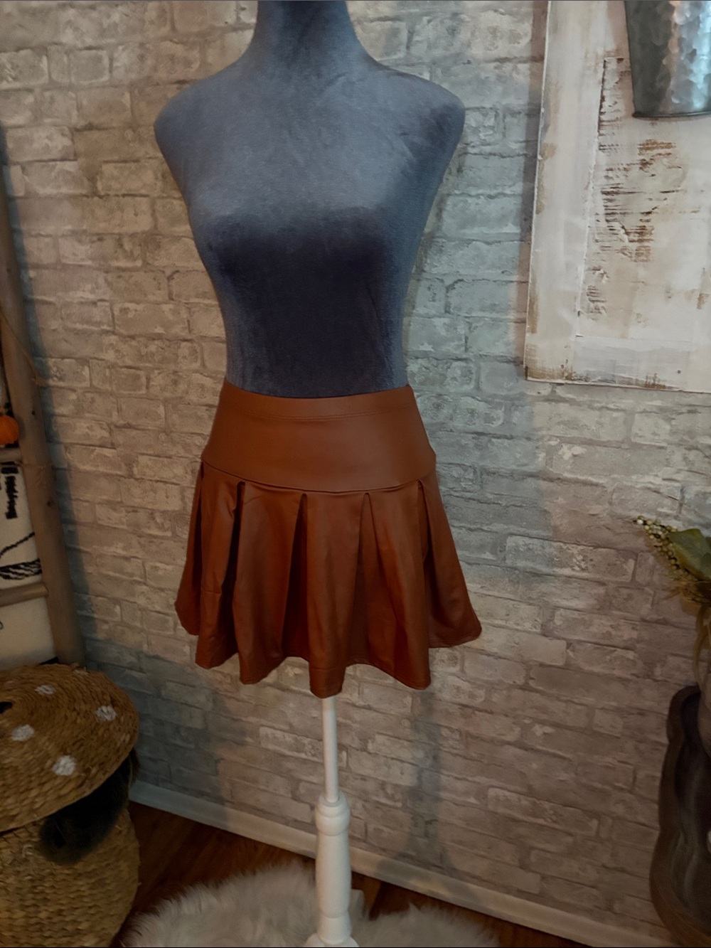 Faux Leather Brown Pleated Mini Skirt